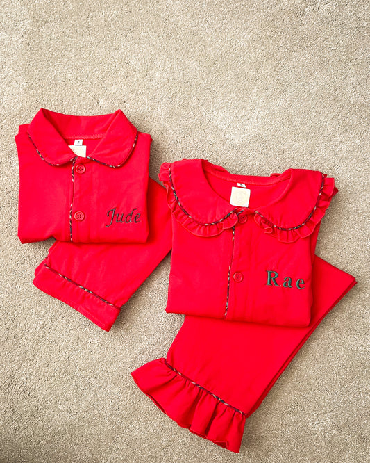 Red Tartan Trim Christmas Pyjamas